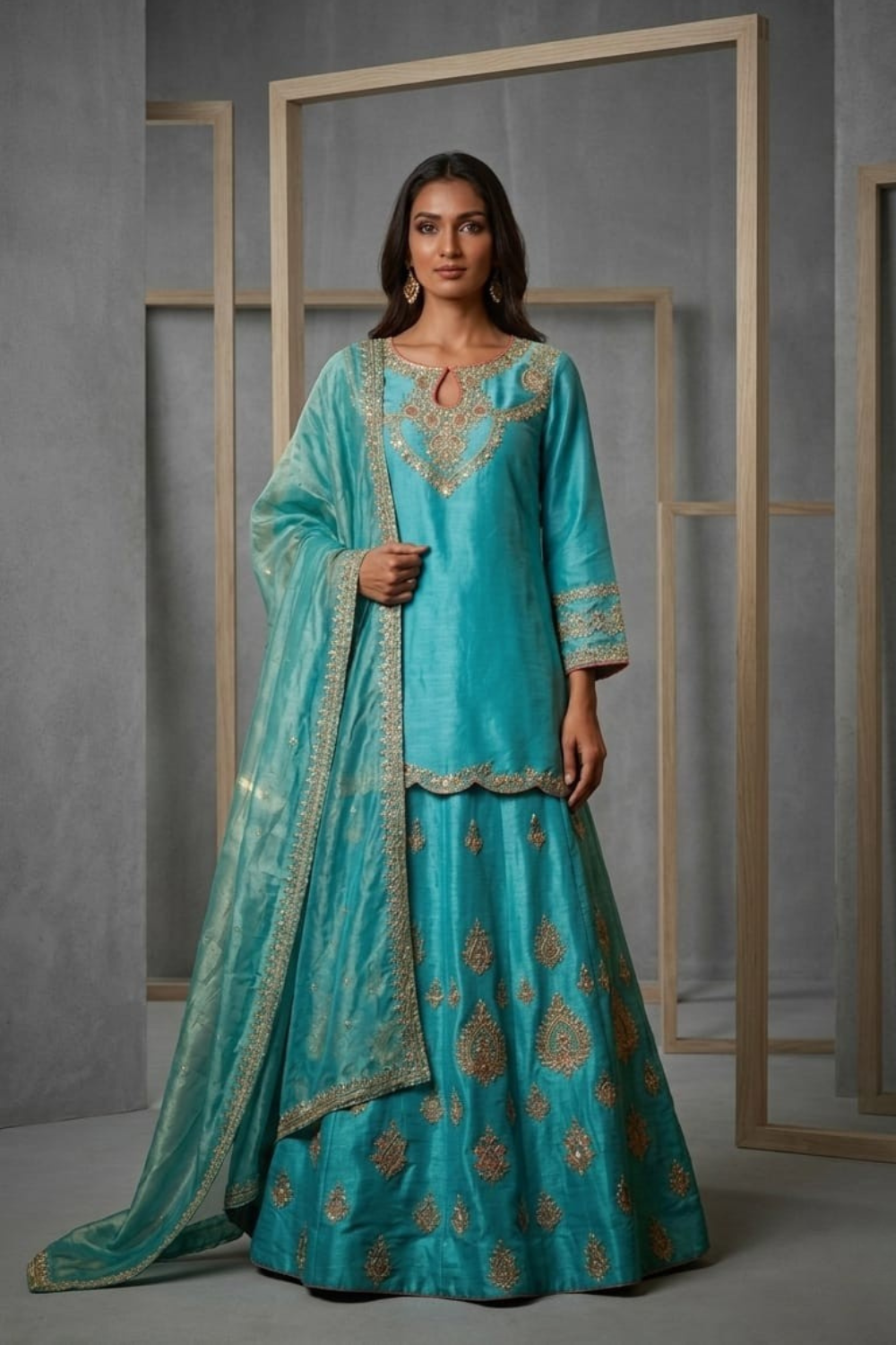 HER018 Sky blue embroidery kurti set