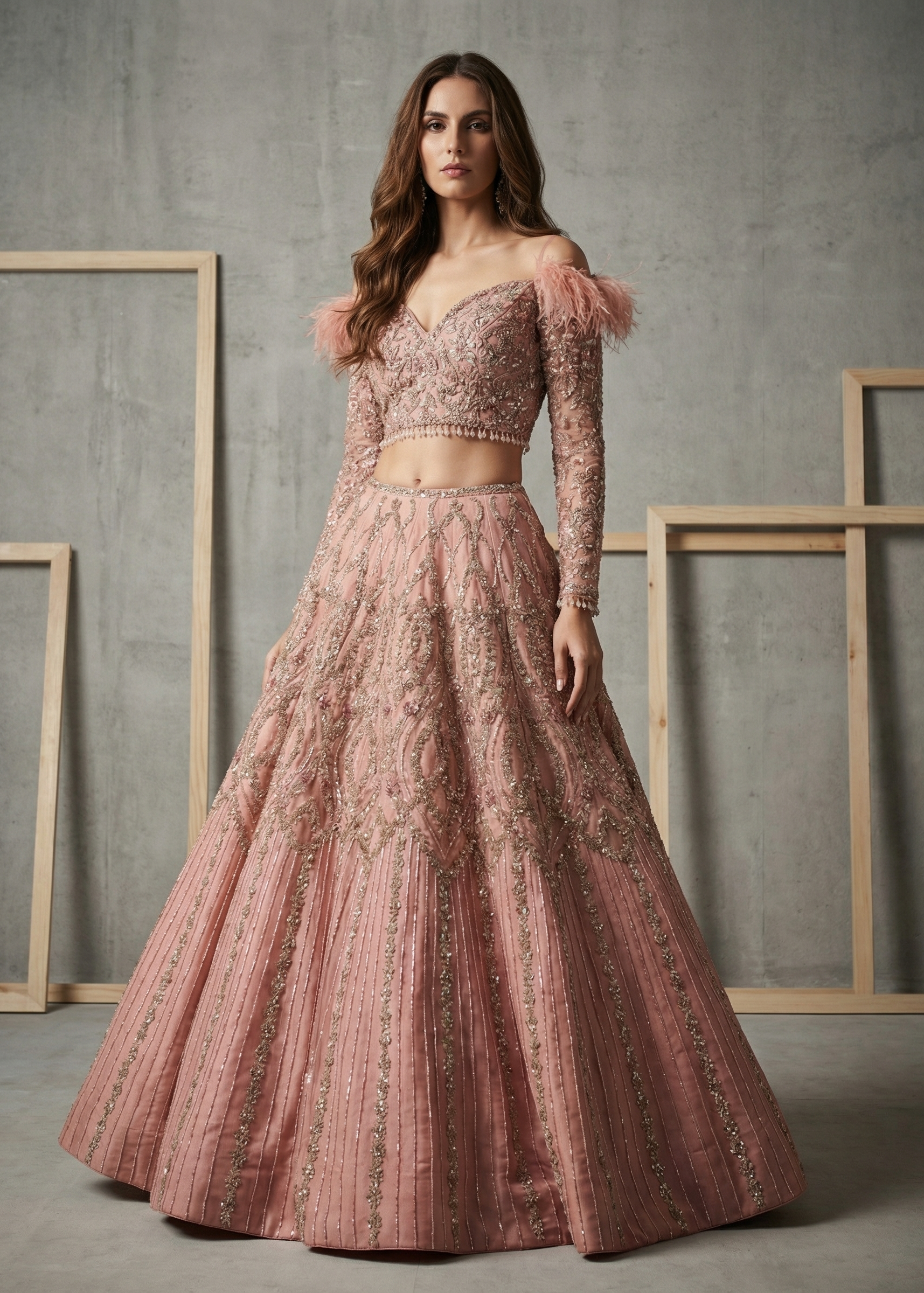 Woman wearing a pink embroidered two-piece outfit against a gray background