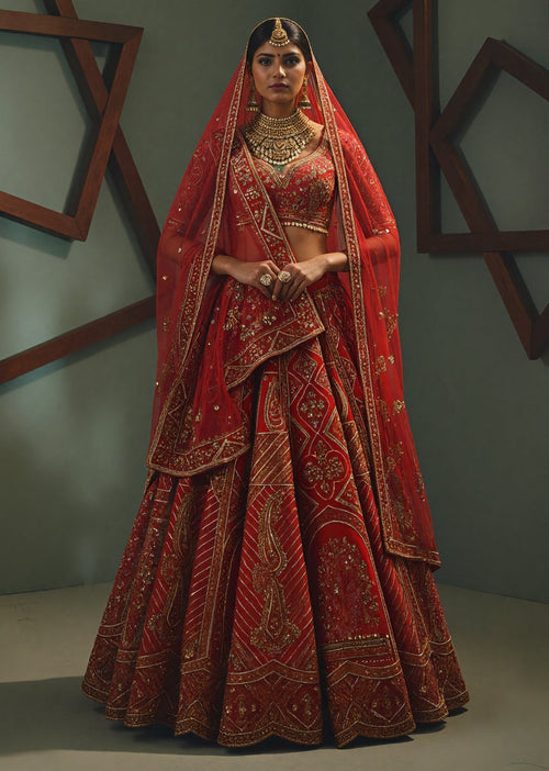 Woman in a traditional red embroidered outfit with gold details against a gray background