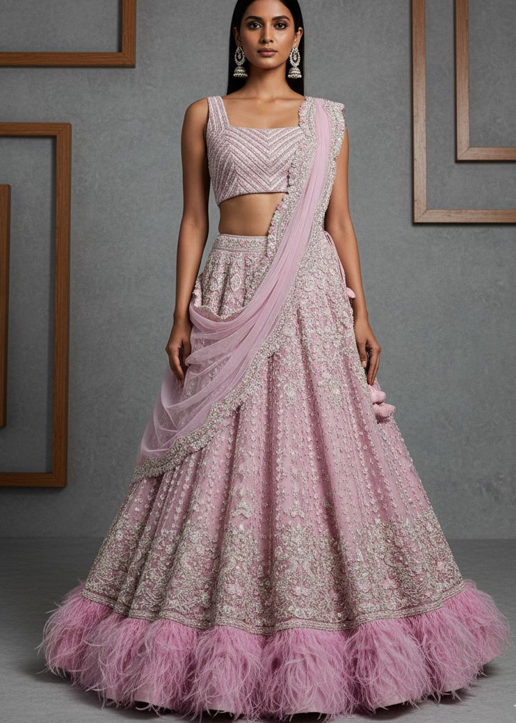 Woman wearing a pink and gray traditional outfit with feathered skirt against a gray background