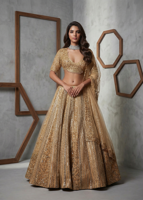 Woman in a gold traditional outfit standing against a gray wall with geometric wooden frames.