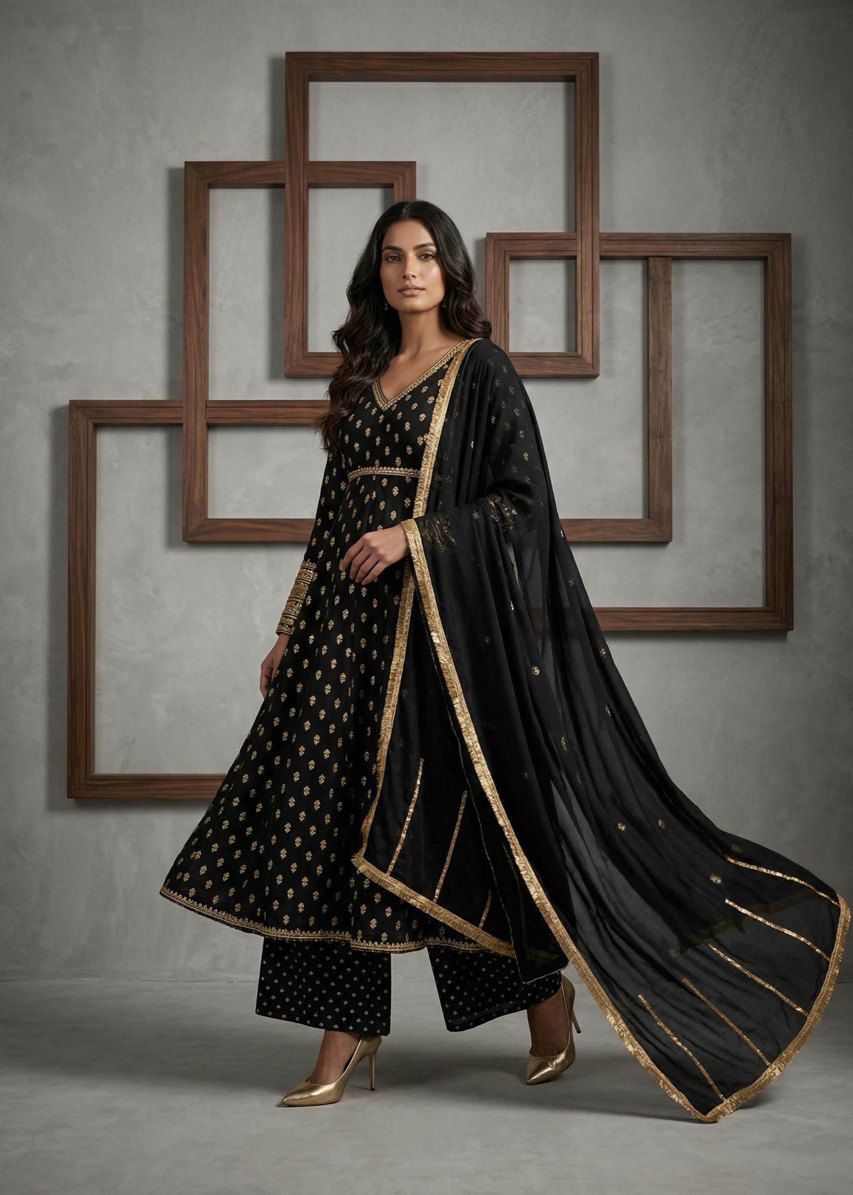 Woman in a black traditional outfit with gold details standing against a gray wall with wooden frames.