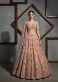Model wearing a pink embroidered traditional outfit against a gray wall with wooden frames.