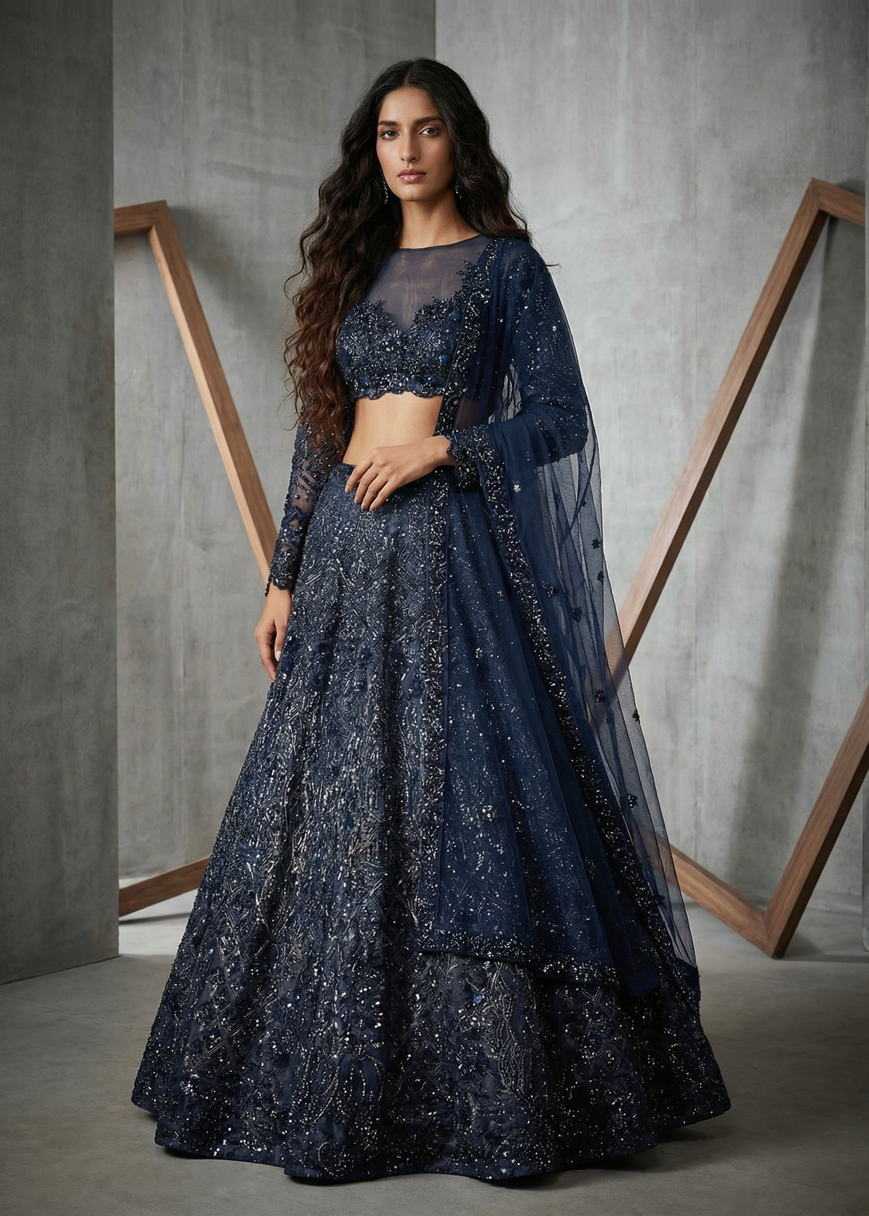 KD1233 Navy Blue Embroidery Lehenga Blouse And Dupatta set