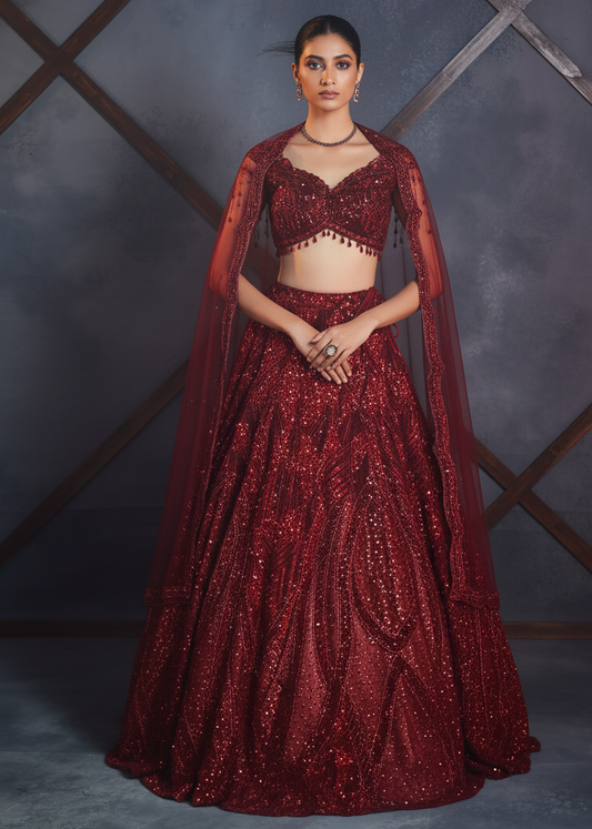 Woman wearing a red traditional outfit with a dark background