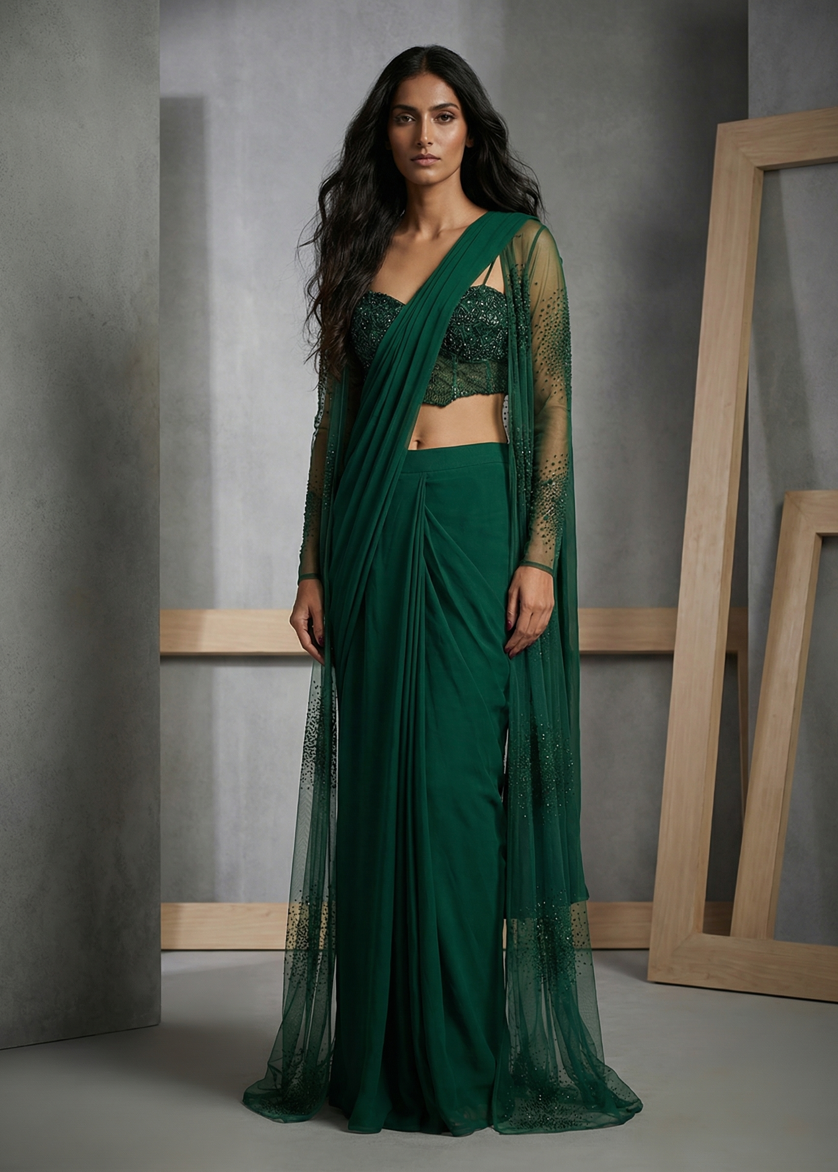 KD1254 Green Drap Saree, Blouse and cape set