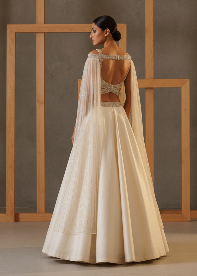 Woman in a cream-colored dress with a sheer overlay against a neutral background