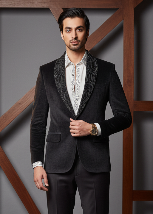 Man wearing a black suit with a white shirt and patterned tie against a wooden and gray background