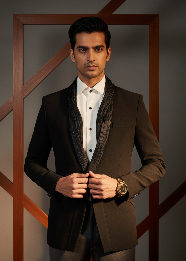 Man wearing a formal brown suit with a white shirt and black tie against a dark background.