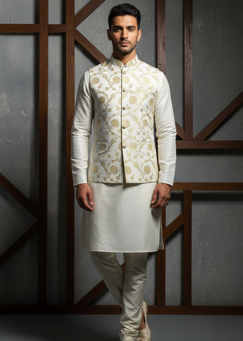 Man wearing a traditional outfit with a floral jacket against a geometric-patterned wall.