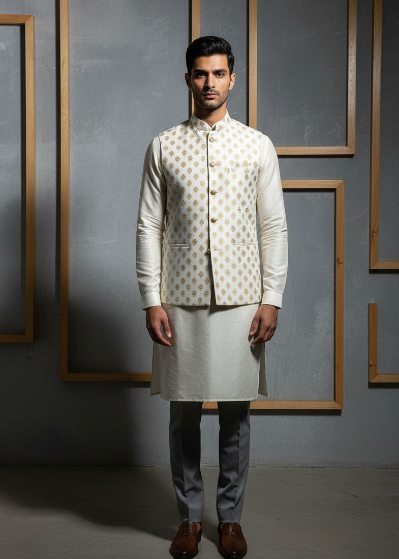 Man wearing a traditional kurta with a patterned jacket against a gray wall.