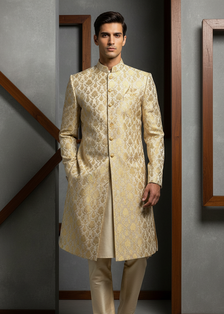 Man wearing a traditional beige sherwani standing against a gray wall.