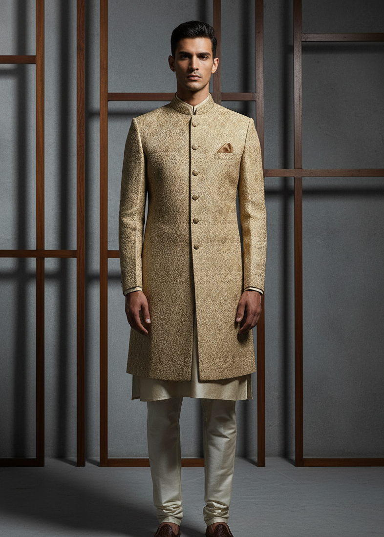 Man wearing a traditional beige sherwani with white pants against a gray background
