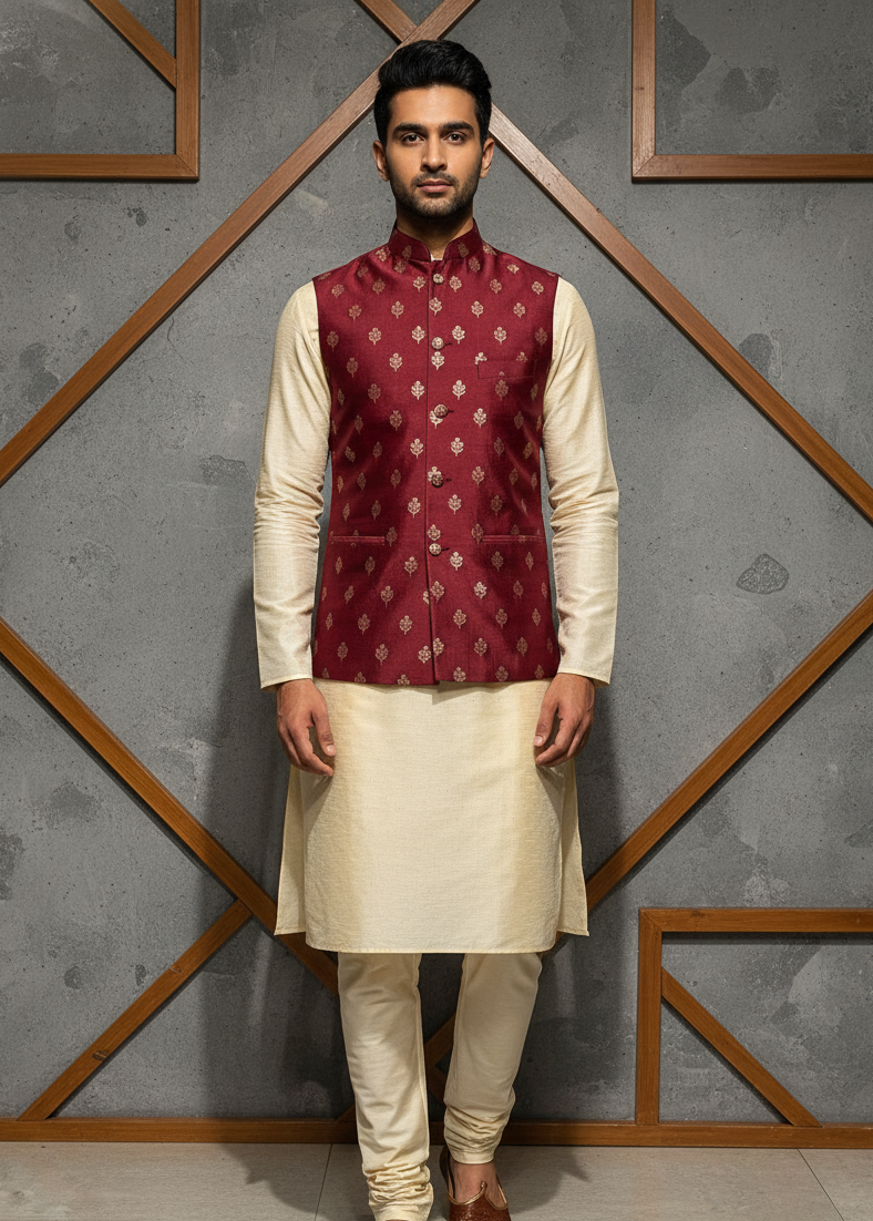 Man wearing a traditional maroon vest over a cream kurta against a geometric-patterned wall.