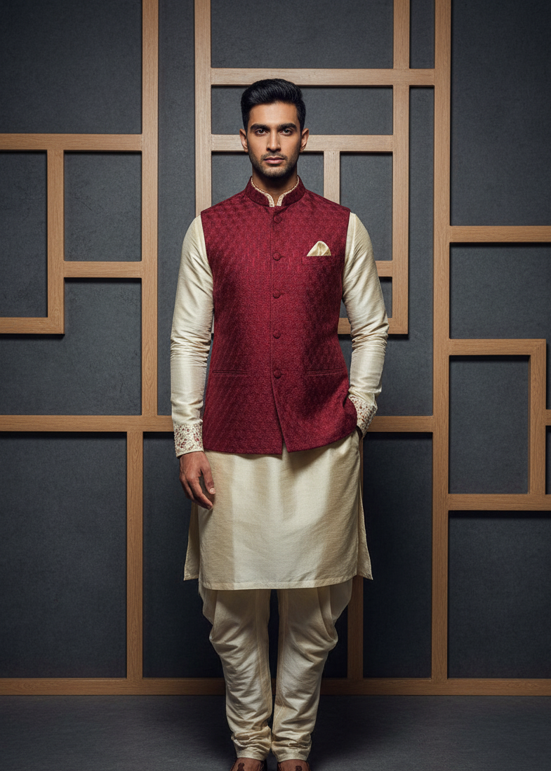 Man wearing a maroon vest over a cream kurta against a geometric wall design.