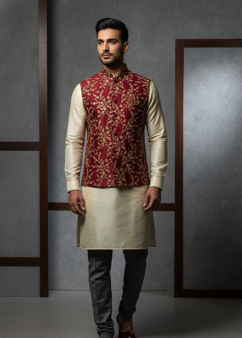 Man wearing a traditional kurta with a maroon vest against a gray background