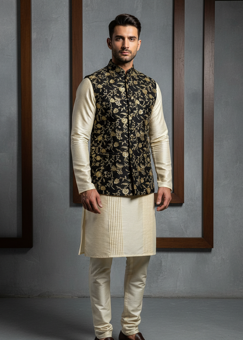 Man wearing a traditional kurta with a floral vest against a gray background