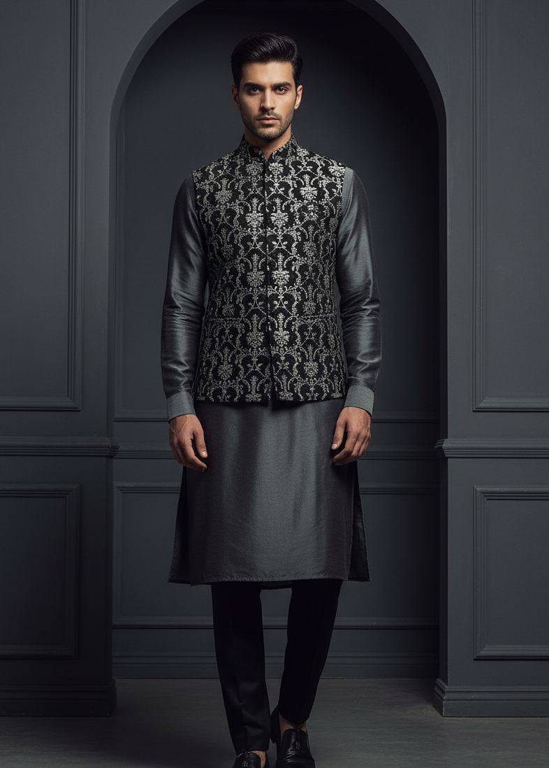 Man wearing a traditional embroidered outfit against a dark background