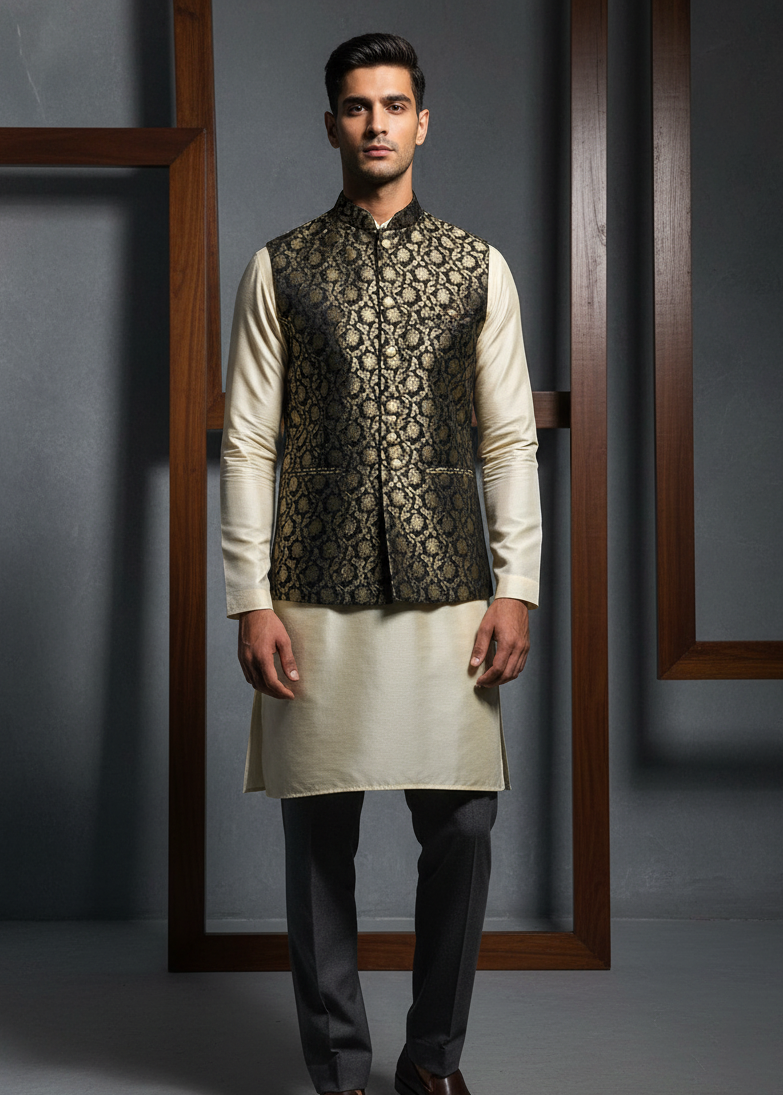 Man wearing a traditional kurta with a vest against a gray background