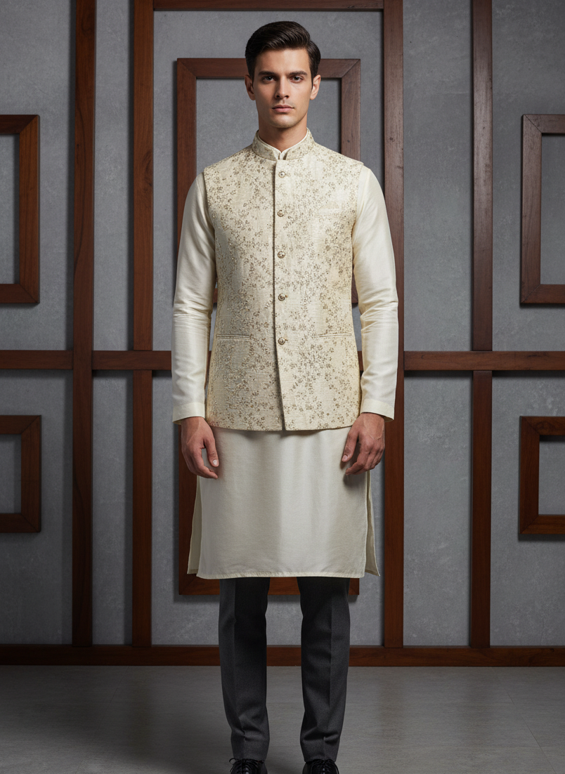 Man wearing a traditional cream kurta with an embroidered jacket against a gray wall.