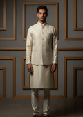 Man wearing a traditional cream kurta with intricate embroidery against a gray wall.