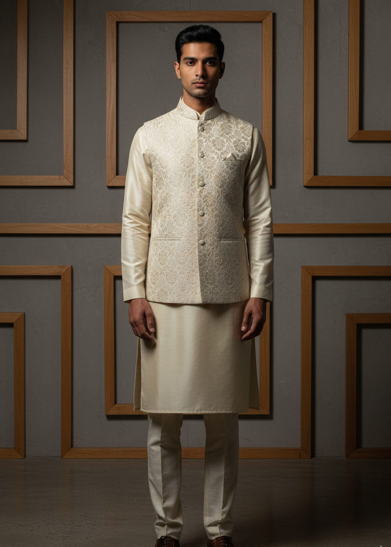 Man wearing a traditional cream kurta with intricate embroidery against a gray wall.
