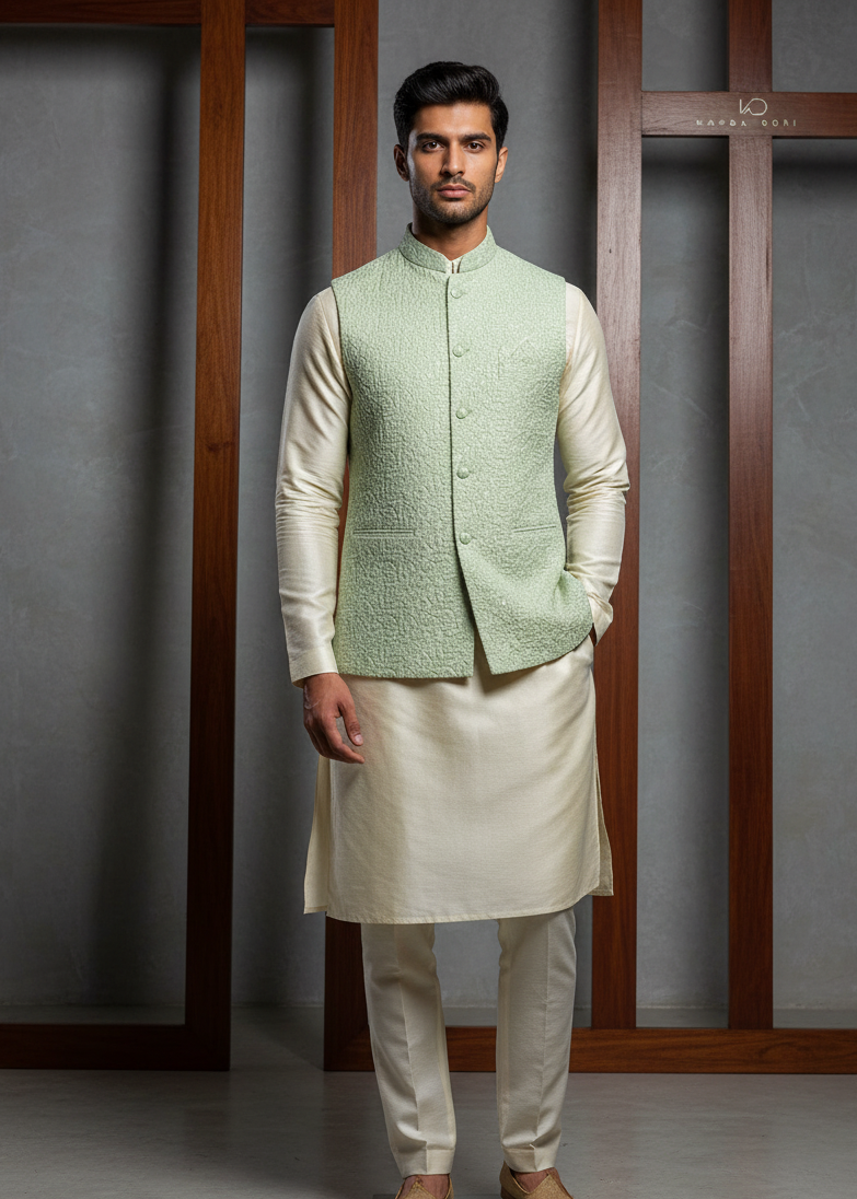 Man wearing a traditional outfit with a light green vest and beige kurta against a neutral background