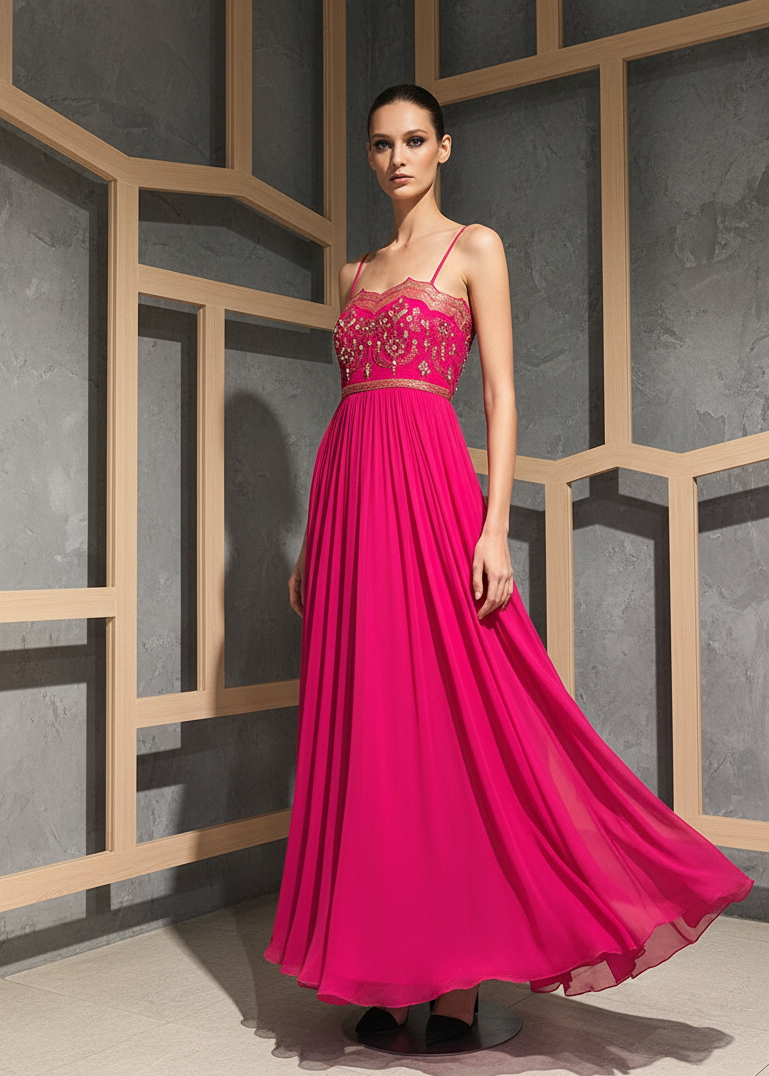 Model wearing a pink evening gown against a geometric wall.