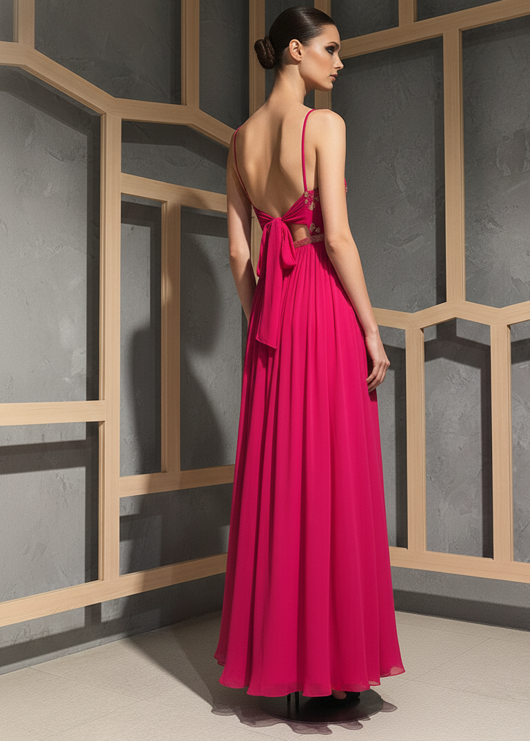 Woman in a pink evening gown standing against a geometric wall.