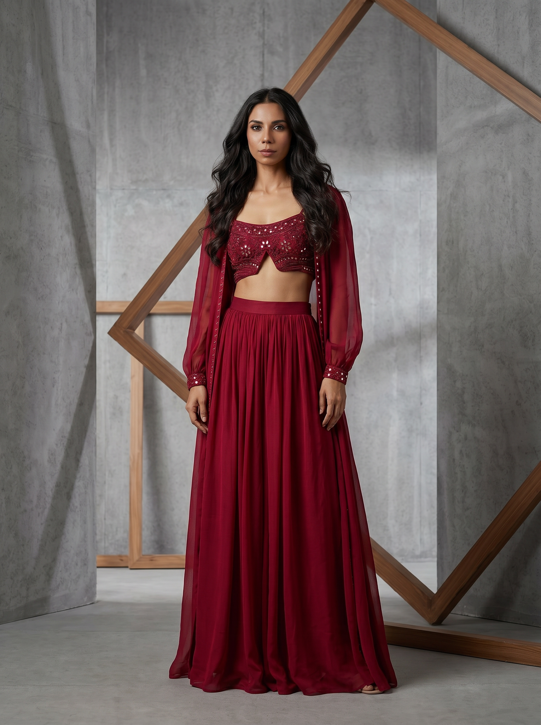 KD1322 Maroon jacket bustier and sharara set