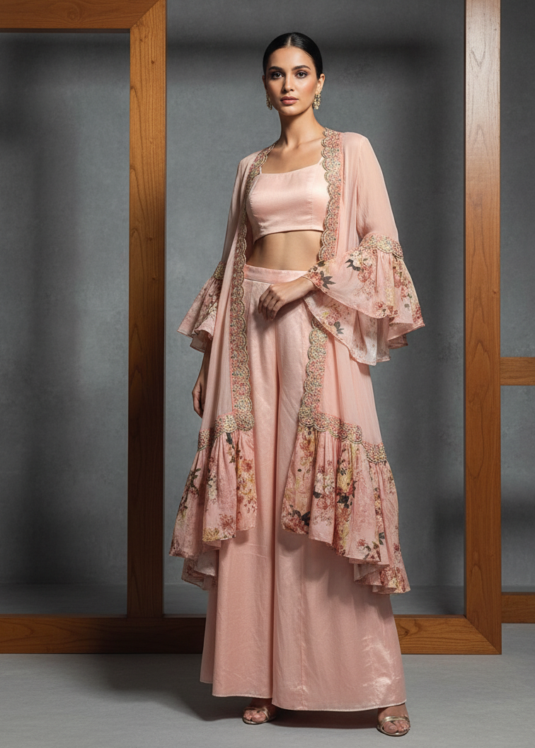 Woman wearing a pink traditional outfit with floral patterns against a gray background