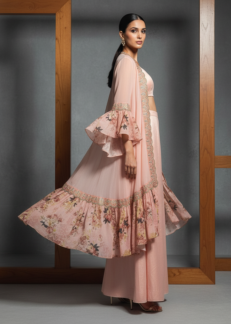 Woman in a pink traditional outfit with floral patterns standing against a gray wall.