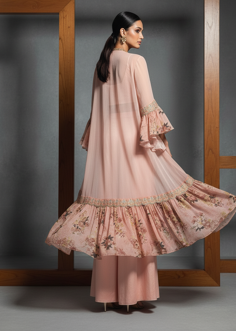 Woman wearing a pink floral dress with a matching jacket against a gray background