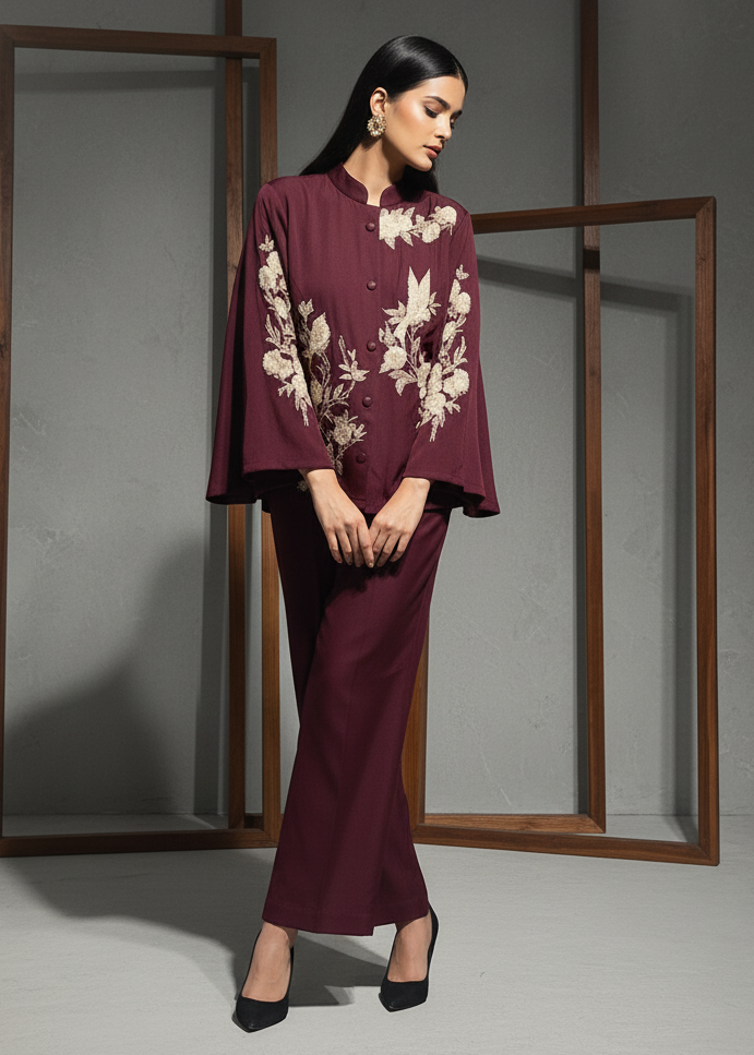 Woman wearing a burgundy traditional outfit with floral patterns in a minimalistic setting.