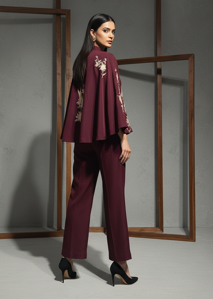 KD1329 Maroon cape jacket and pants