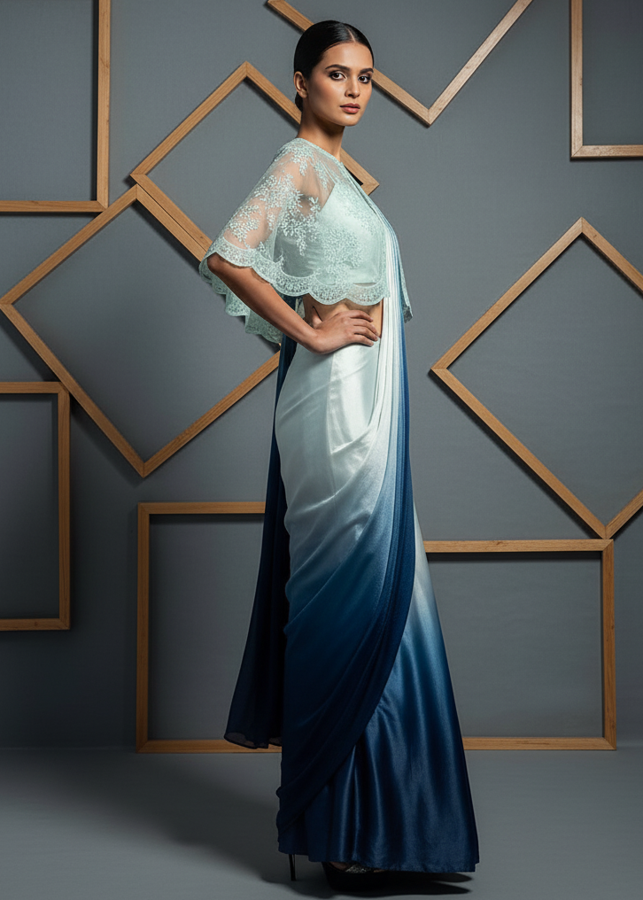 KD1332 Blue blouse and drape dress ombre