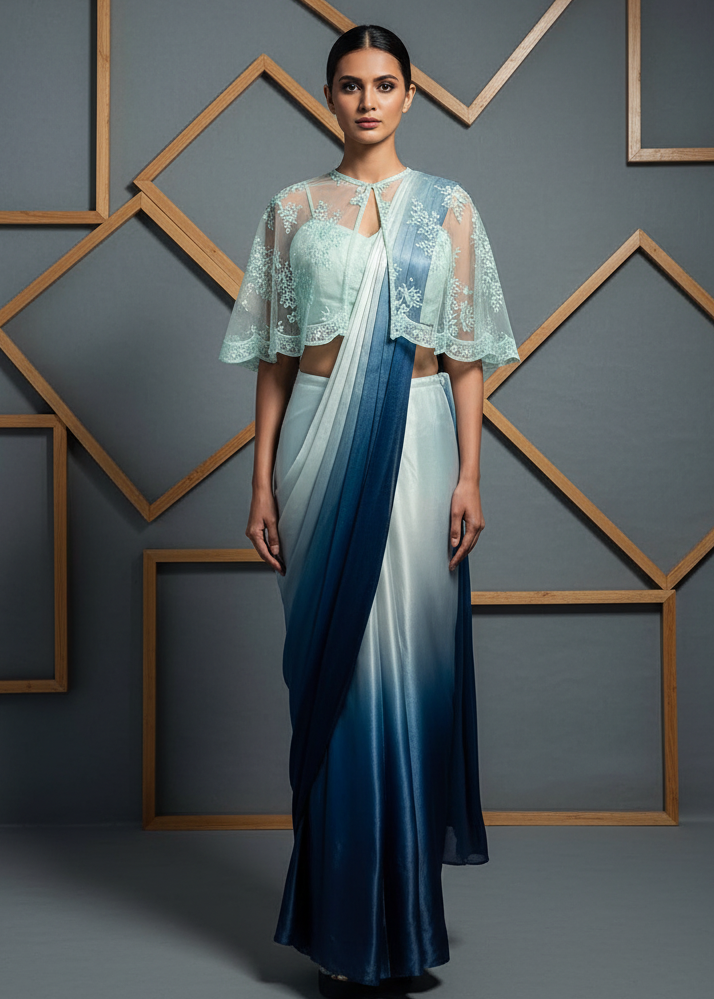 Woman wearing a blue and white saree with a matching blouse against a geometric wall.
