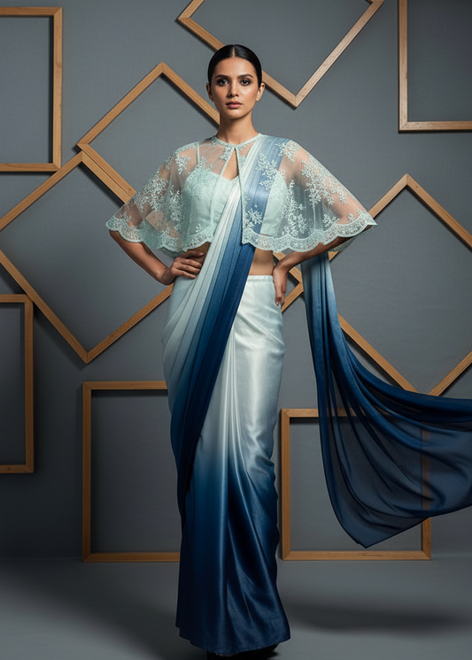 Woman wearing a blue and white saree with a matching blouse against a geometric wall.