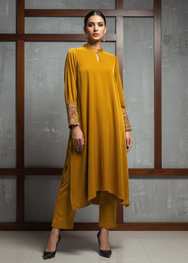 Woman wearing a mustard yellow outfit with floral cuffs against a gray wall.