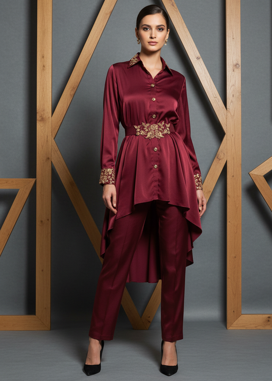 Woman wearing a burgundy outfit with gold accents against a geometric wooden and gray wall.