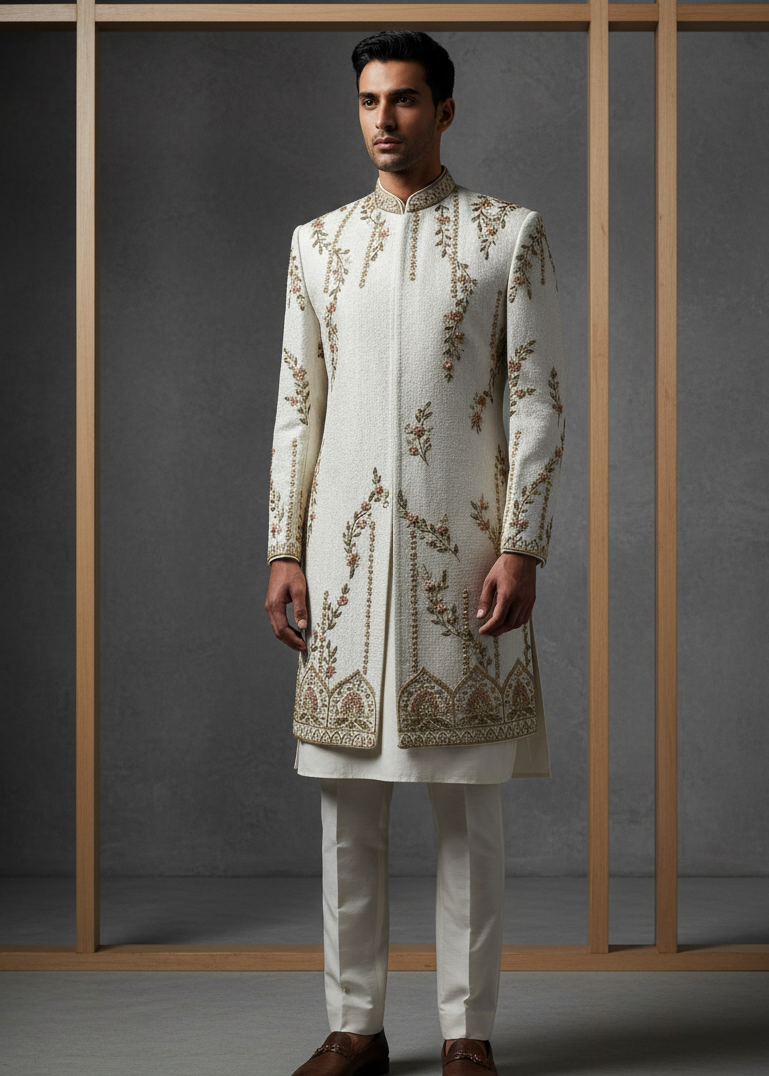 Man wearing a traditional embroidered sherwani against a gray background