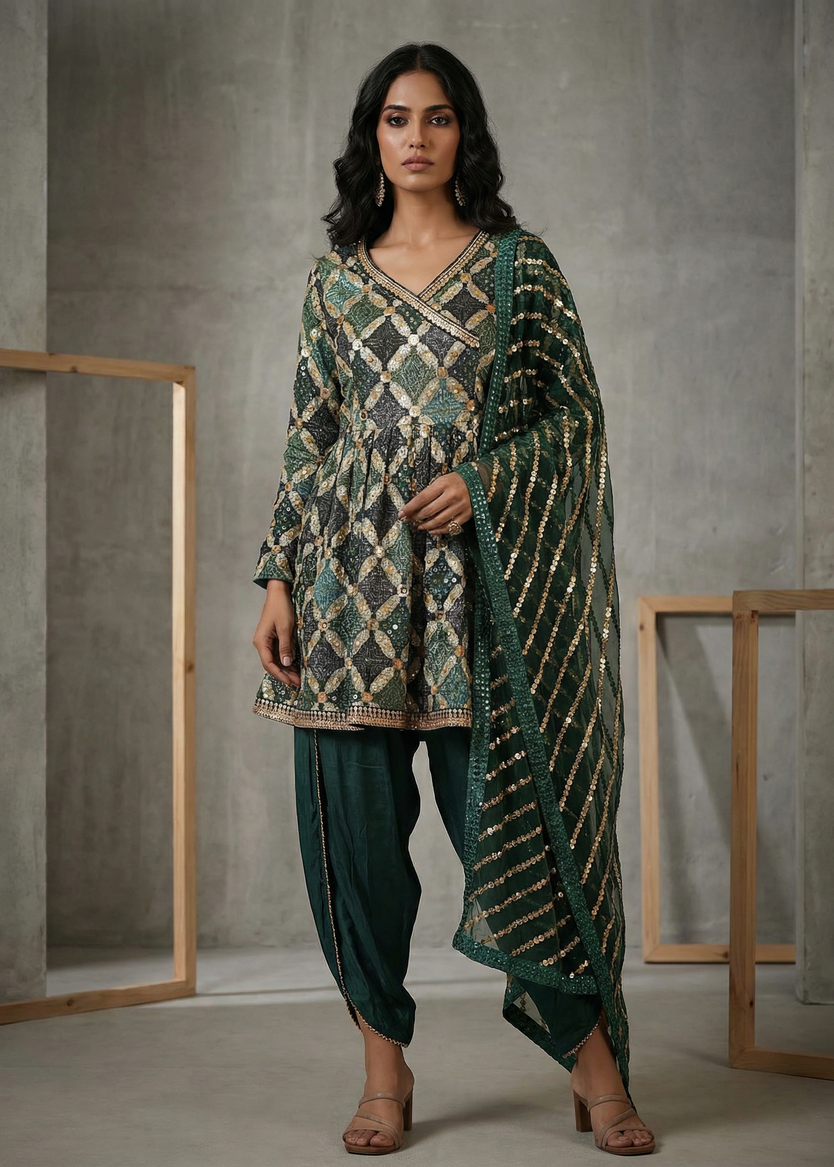 KD1366 Green bandhej peplum tulip salwar set