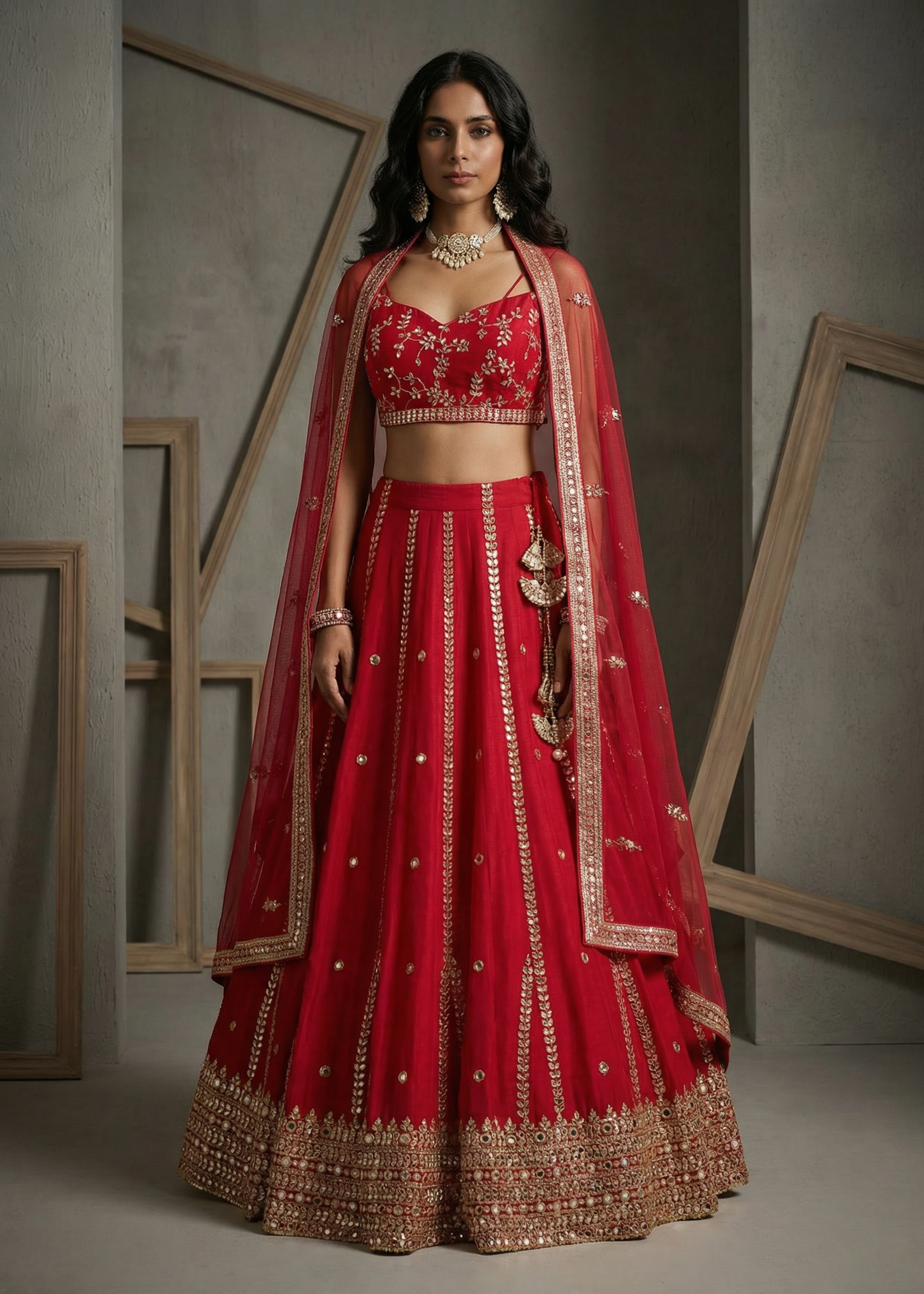 Woman wearing a red embroidered traditional outfit with gold details against a neutral background
