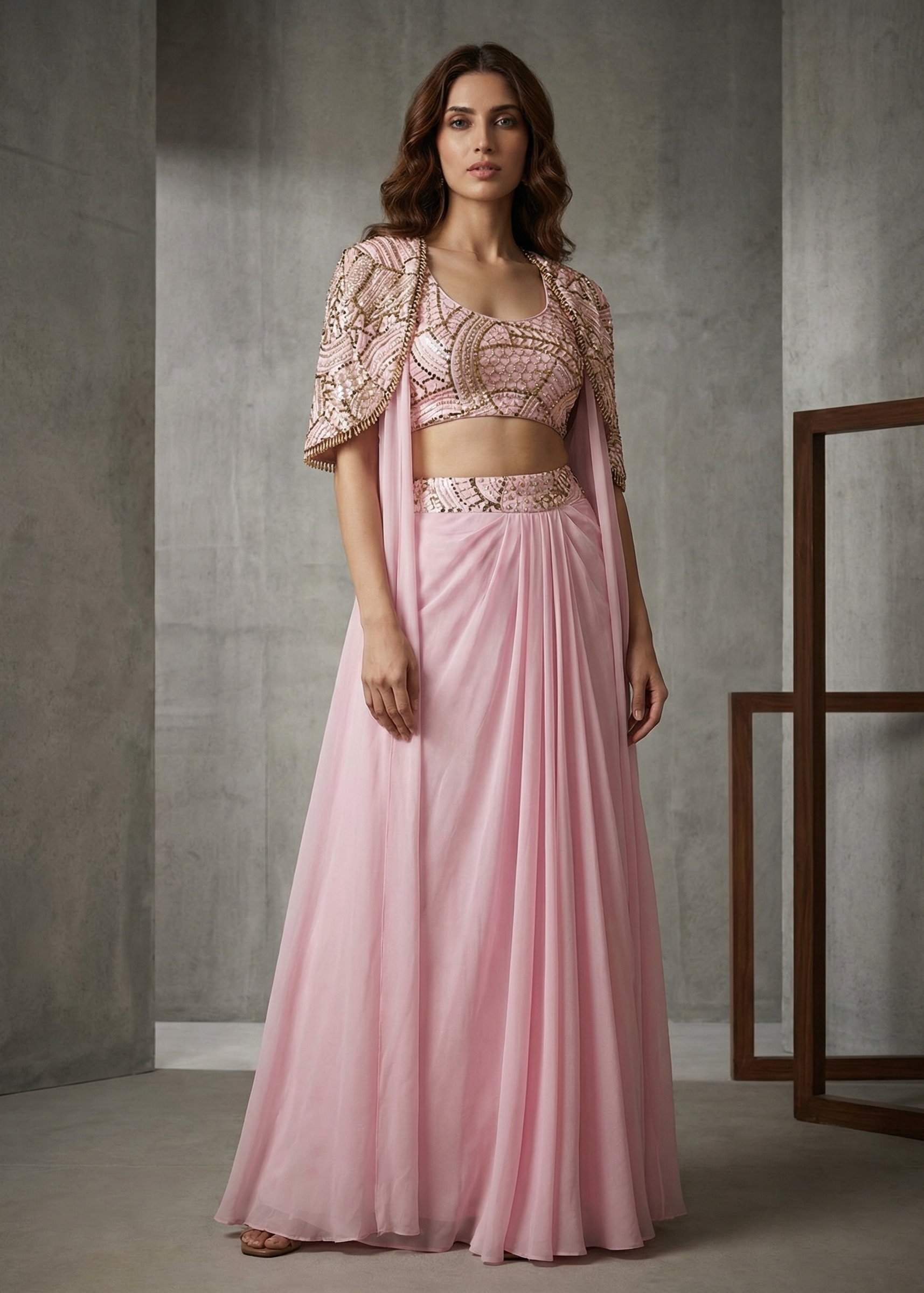 KD1382 Pink cape, blouse and drape skirt