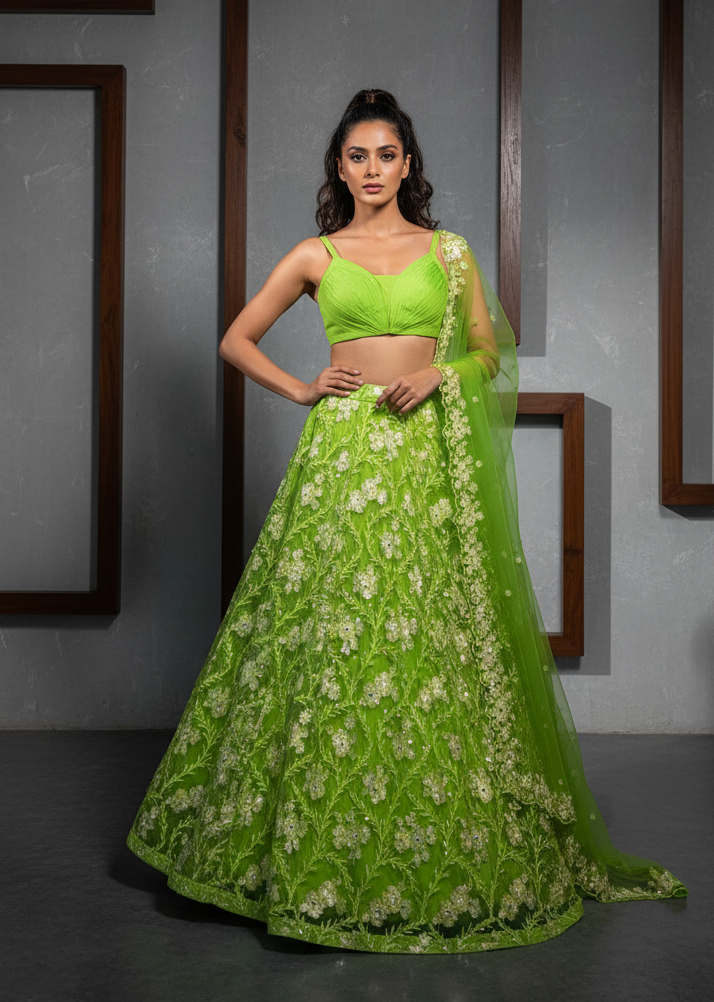 Woman wearing a bright green embroidered lehenga with a matching top against a gray background.