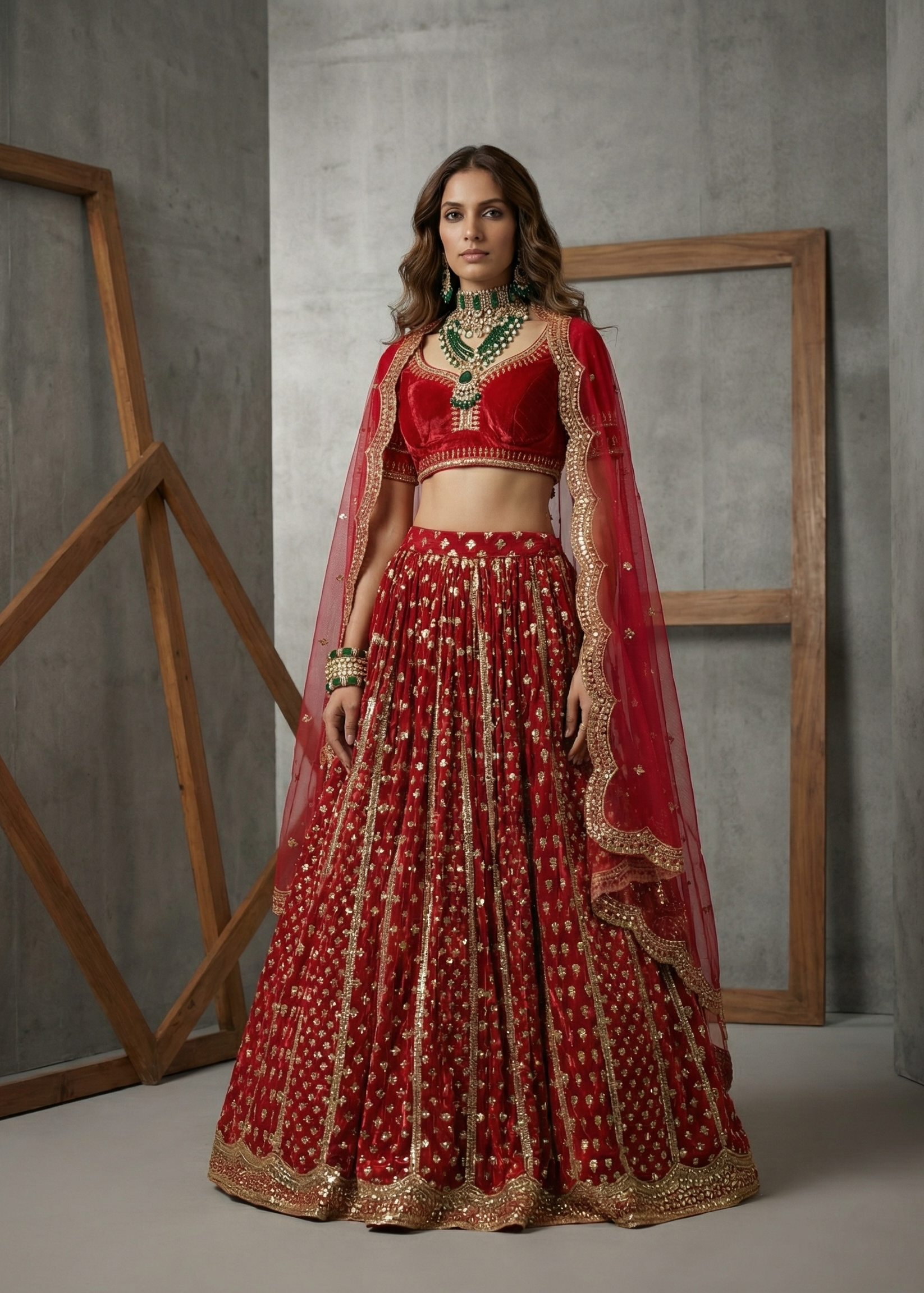 Woman in a red traditional outfit with gold details against a gray concrete wall.