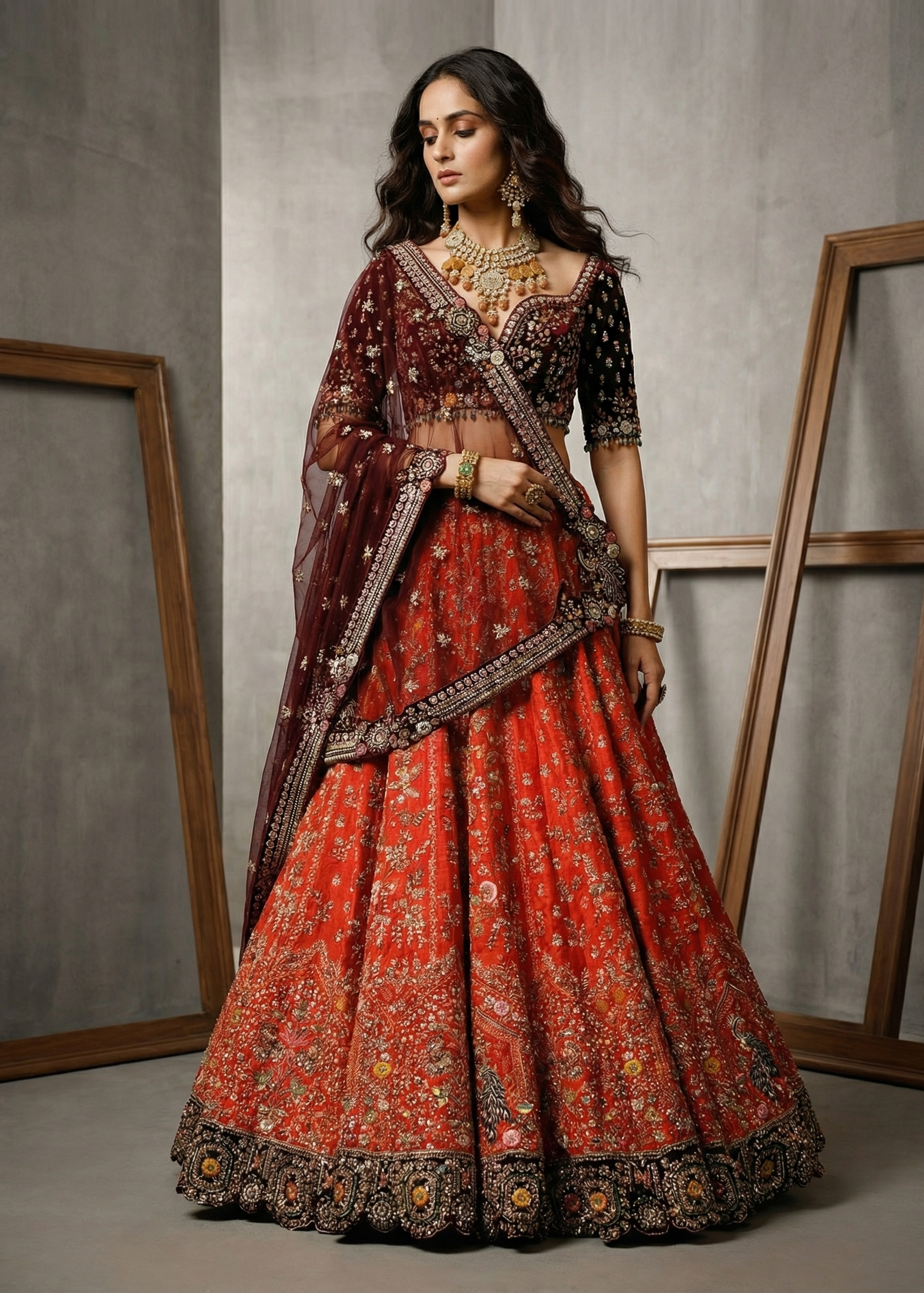 KD1048 Red embroidery lehenga, blouse and dupatta set