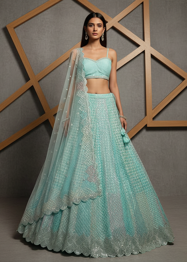 Woman in a light blue traditional outfit with a matching dupatta against a geometric wall.