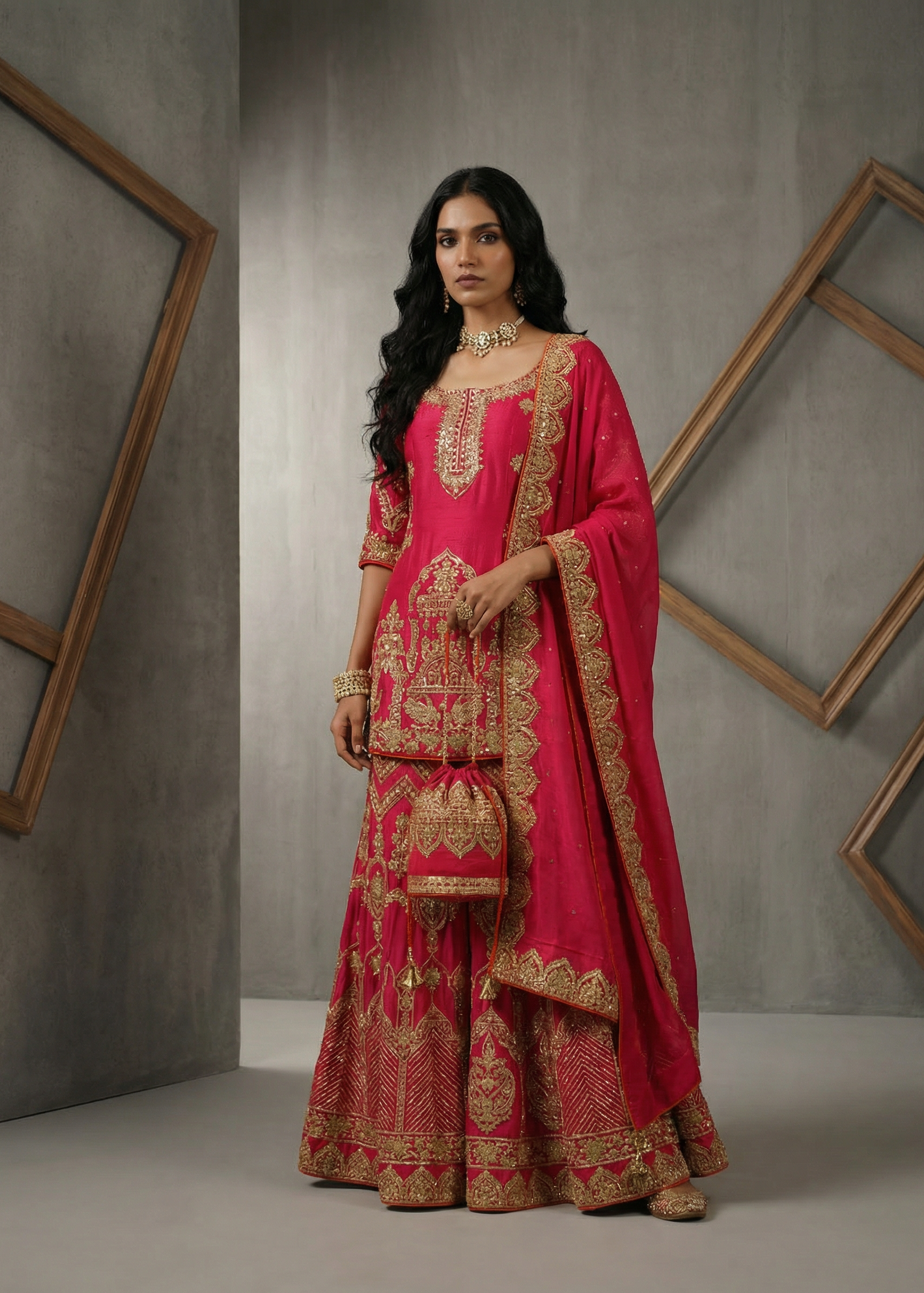 Woman in a traditional pink and gold outfit with jewelry against a gray background