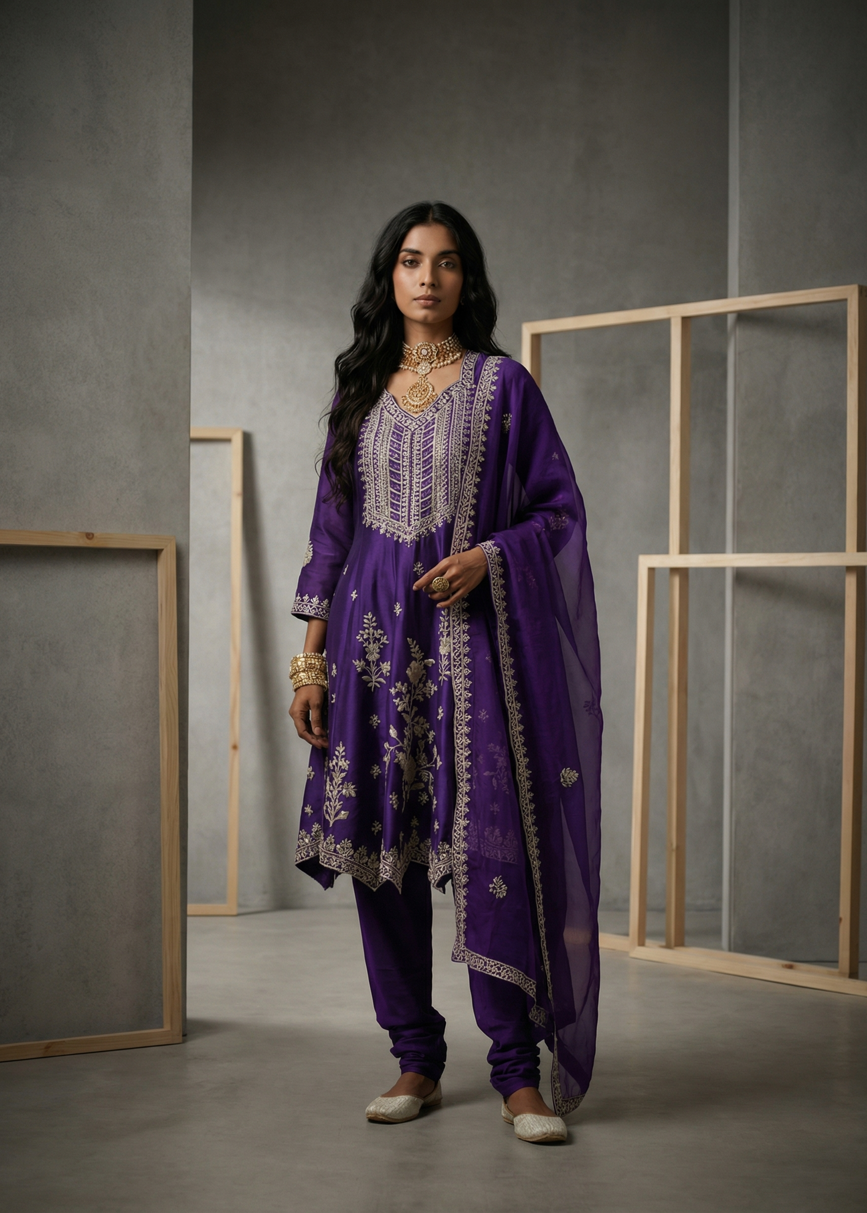 Woman wearing a purple traditional outfit with intricate designs in a minimalistic setting.
